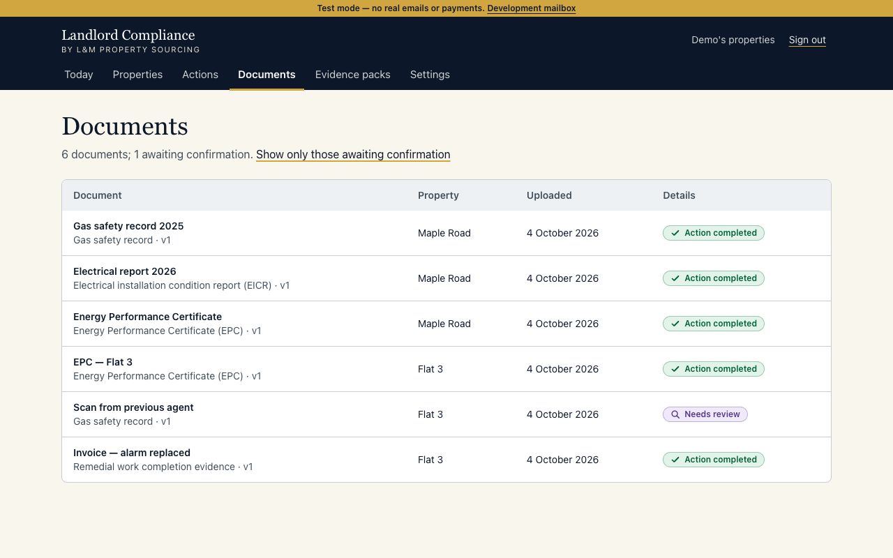 Genuine local app preview with fictional data: Documents screen showing property records.